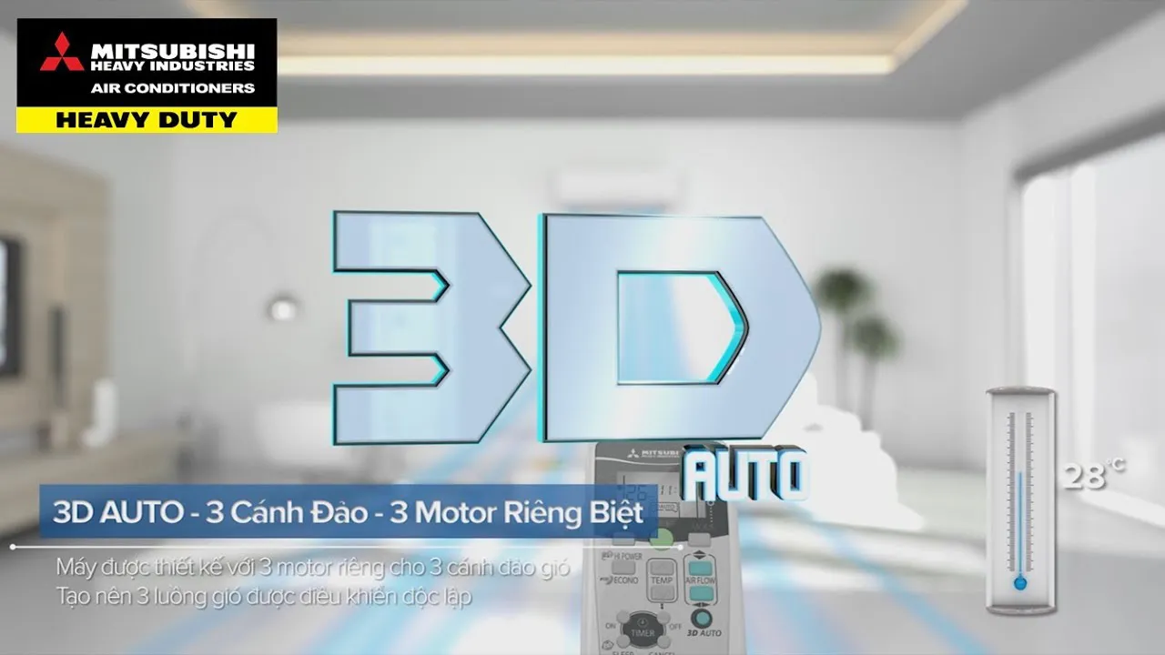 Làm lạnh đều khắp phòng với chế độ đảo gió 3D AUTO trên máy lạnh Mitsubishi Heavy